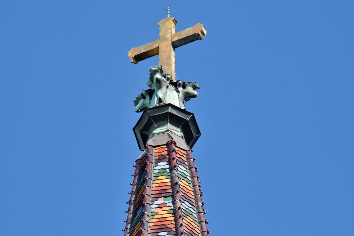 wieża kościoła, kolorowe, Krzyż, złoty blask, na dachu, płytki, kolumna, architektura, sztuka, religia