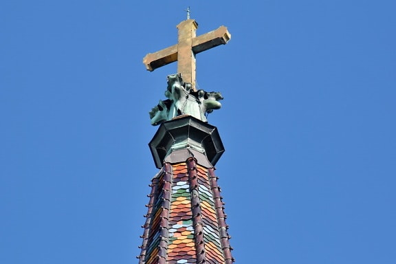 Torretta di Chiesa, colorato, Croce, bagliore dorato, sul tetto, piastrelle, colonna, architettura, arte, religione