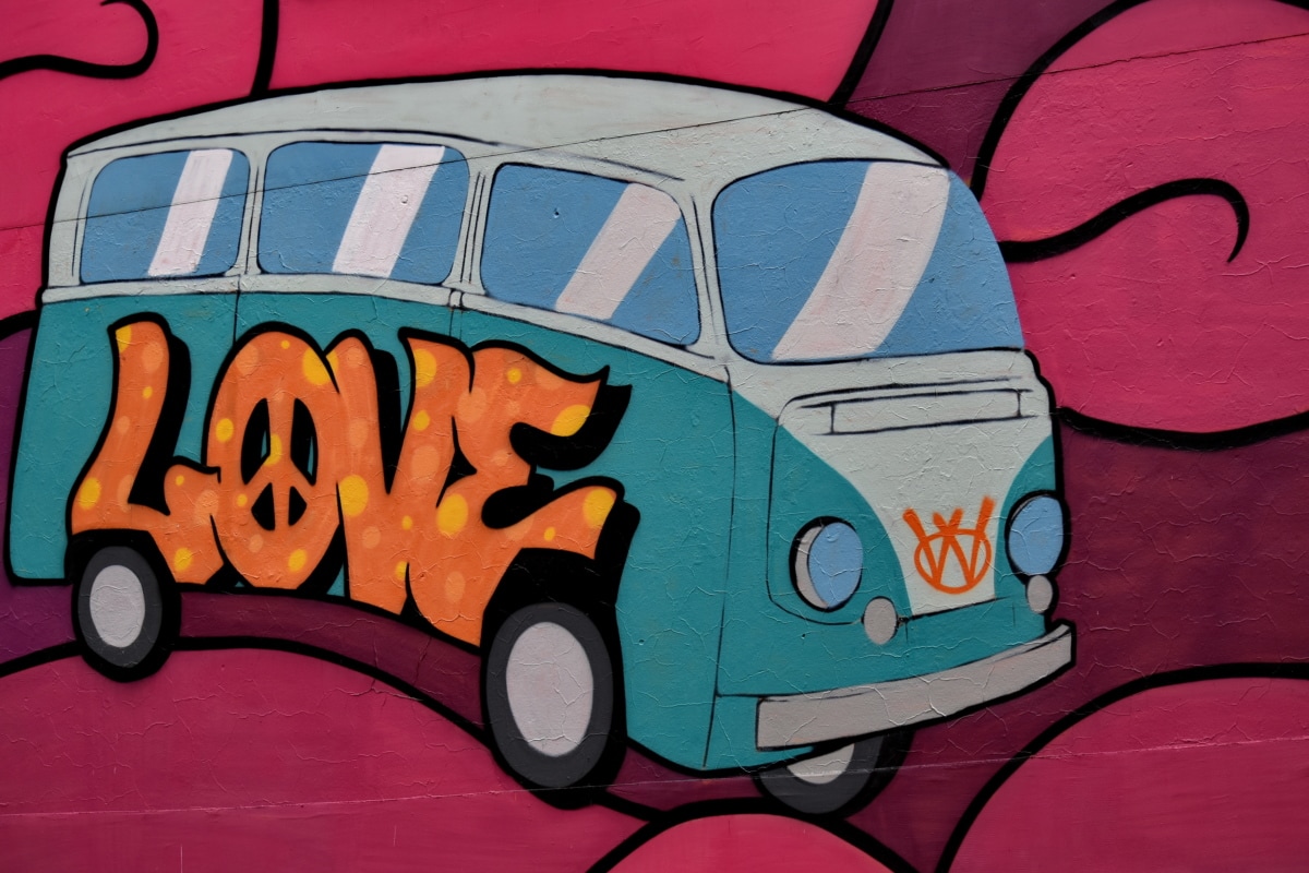 Camper, auto, barevné, kresba, graffiti, ilustrace, vizuální, zeď, doprava, vozidlo