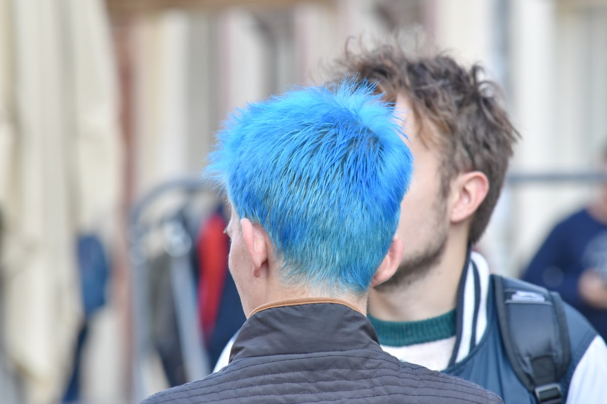 blå, hår, frisure, mand, folk, udendørs, Portræt, gade, city, afslappet