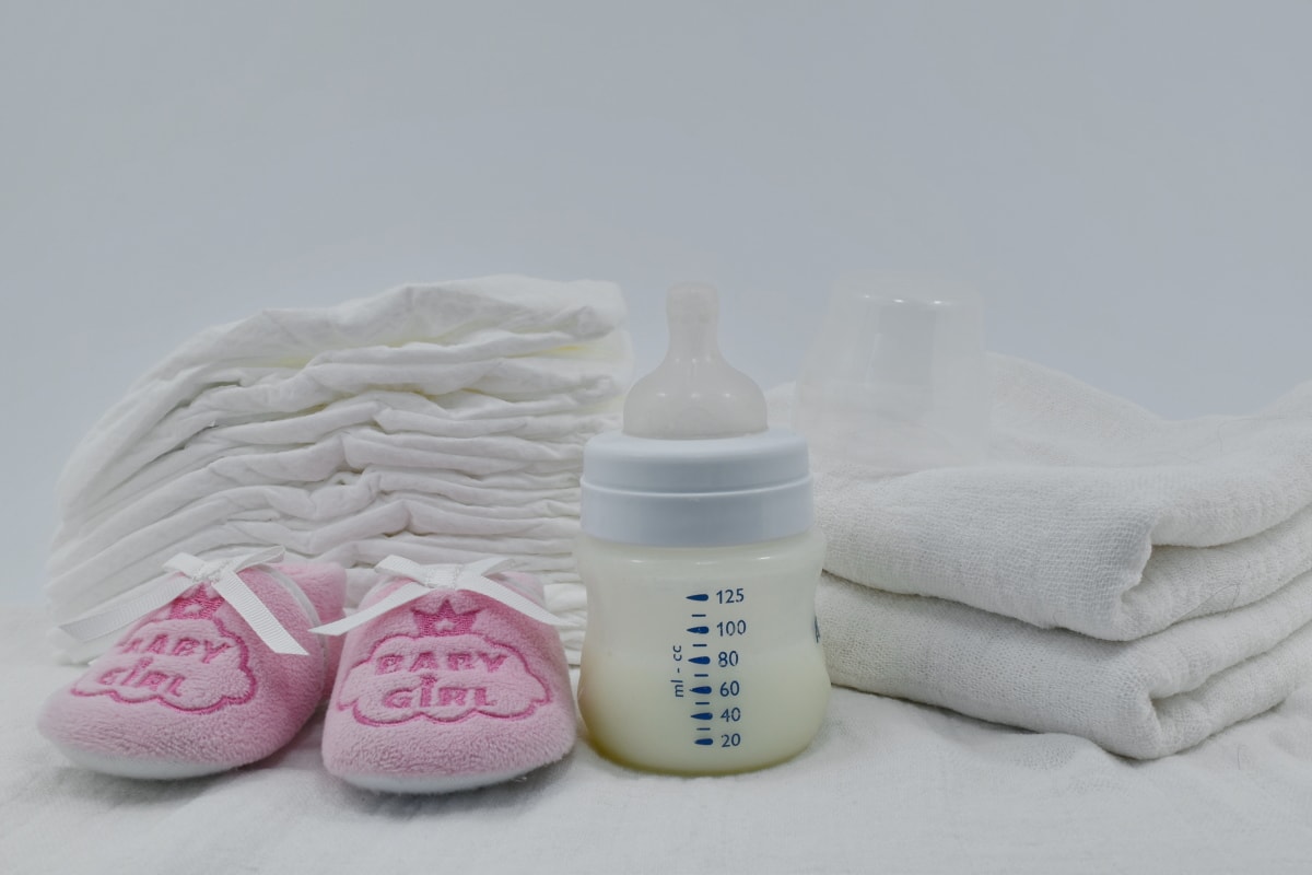 bebis, blöja, mjölk, nyfödda, rosa, renhet, skor, hygien, flaska, necessär
