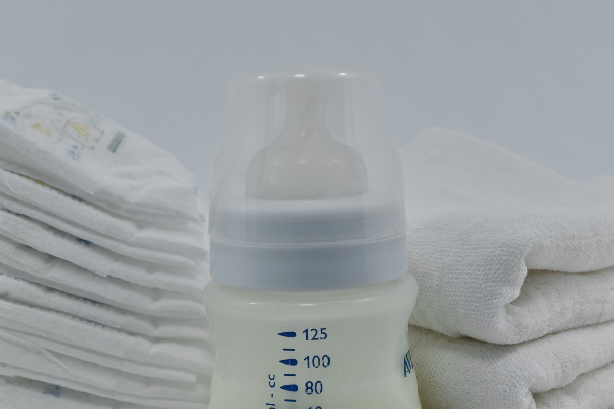 bebis, bomull, blöja, mjölk, plast, textil, topp, flaska, behållare, hälsa