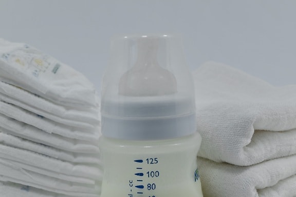 bebé, algodón, pañal, leche, plástico, textil, parte superior, botella, envase, salud