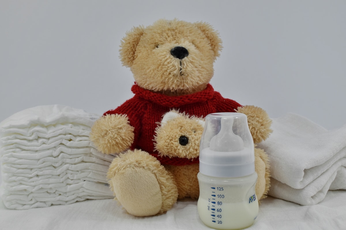 bottle, cotton, diaper, innocence, milk, teddy bear toy, toy, soft, gift, bear