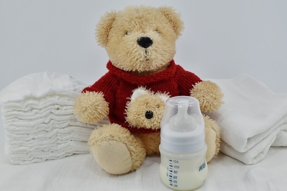 diaper, milk, newborn, toy, teddy bear toy, soft, gift, relaxation, indoors, towel