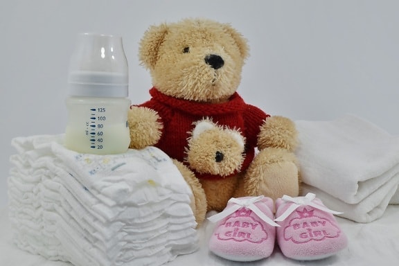 baby, cotton, diaper, milk, newborn, shoes, teddy bear toy, towel, toy, cute