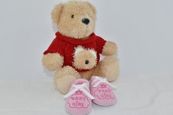 baby, knitwear, light brown, pink, shoes, sweater, teddy bear toy, toy, bear, winter
