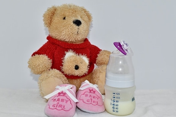 bebé, botella, leche, recién nacido, felpa, zapatos, osito de peluche, lindo, juguete, tradicional