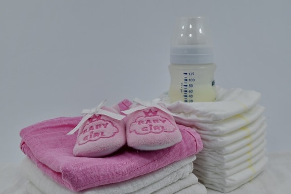 baby, cotton, diaper, milk, pink, shoes, bottle, towel, luxury, hygiene