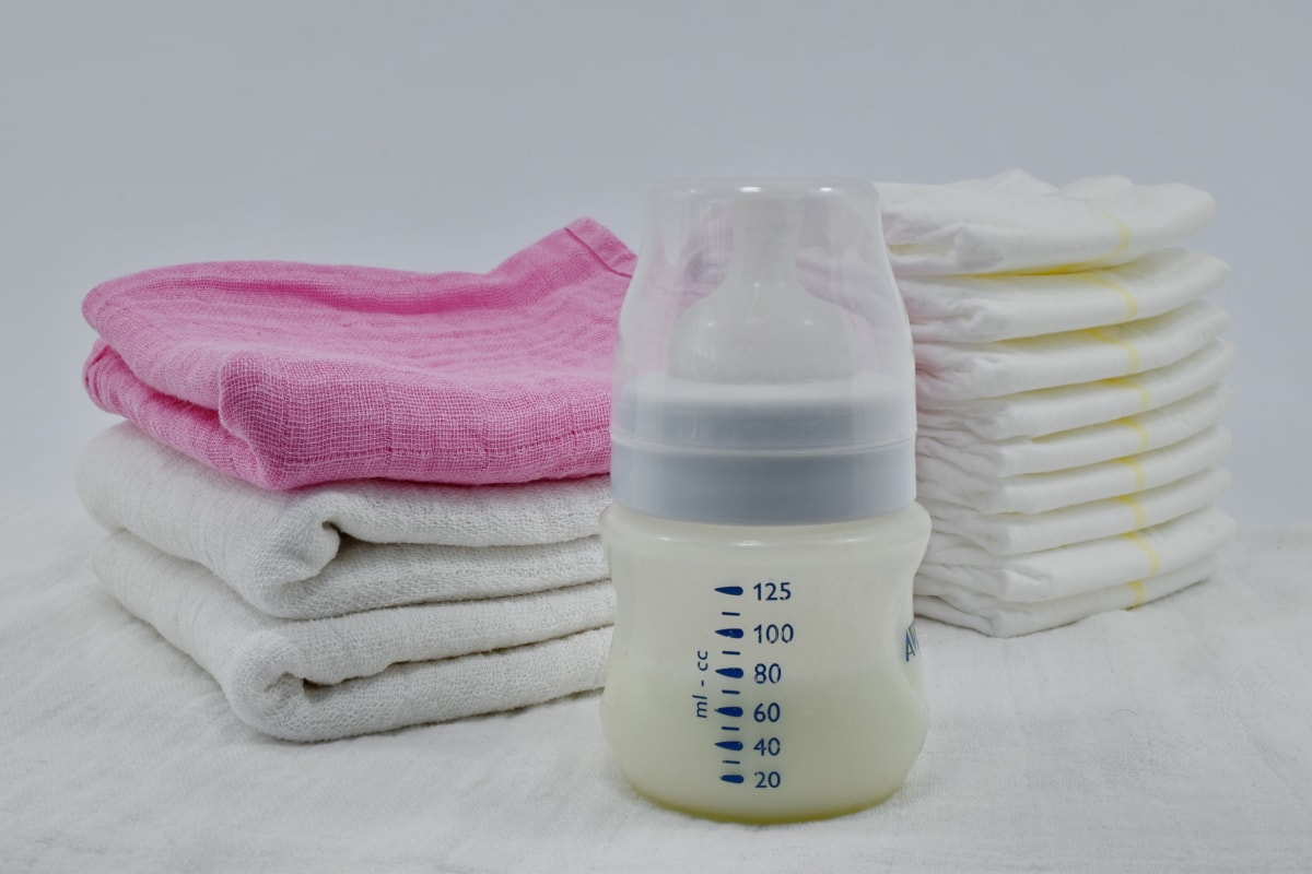 bayi, botol, popok, kebersihan, kepolosan, linen, susu, bayi baru lahir, atas, handuk