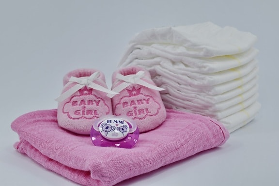 baby, cotton, diaper, linen, newborn, pinkish, shoes, towel, comfort, still life