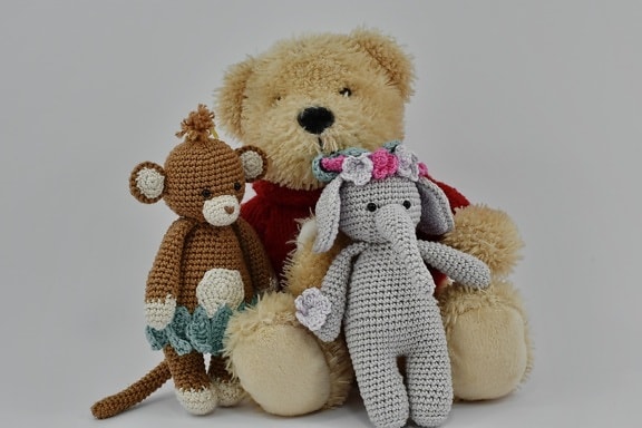 poupées, fait main, tricotage, trois, laine, ours en peluche, mignon, cadeau, poupée, jouet