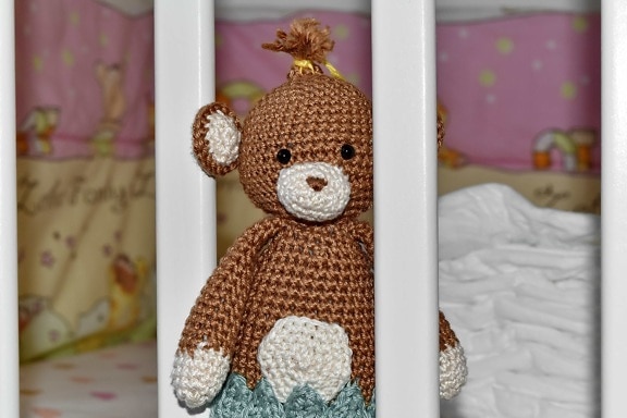 baby, bed, bedroom, knitwear, stuffed, teddy bear toy, toy, wool, bear, interior design