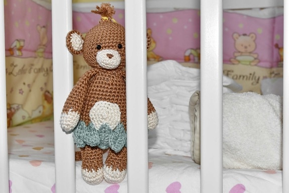 baby, bed, bedroom, diaper, teddy bear toy, towel, toy, cute, indoors, girl