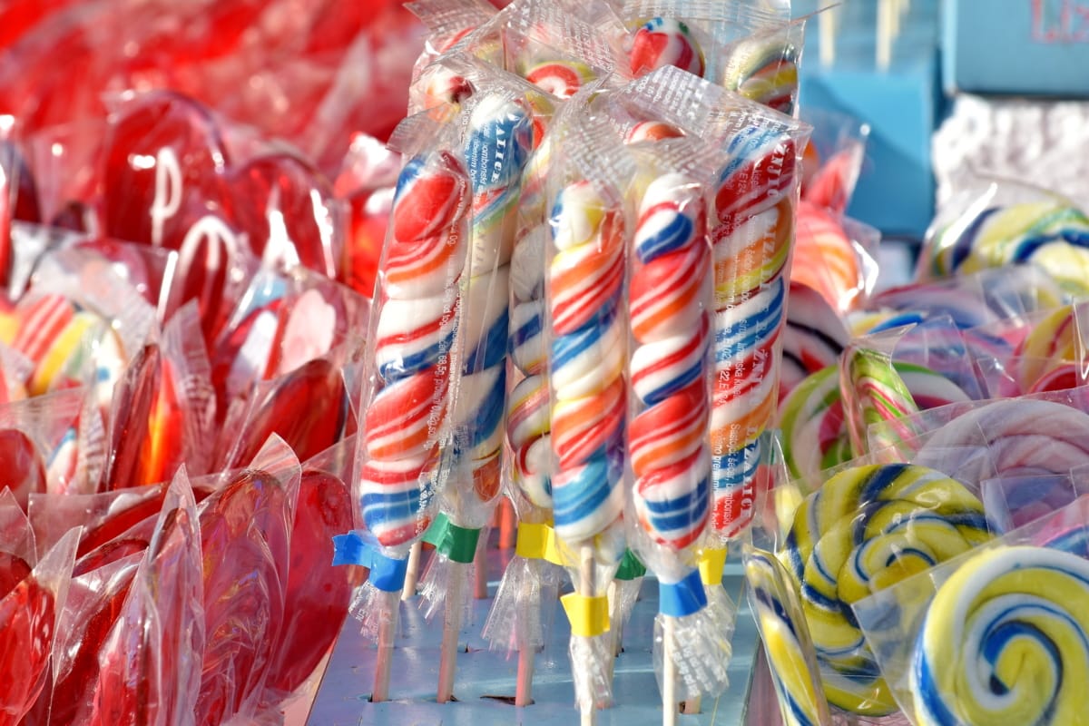 caramel, gélatine, bâtons, sucre, bonbons, bonbons, de nombreux, brillant, amusement, célébration