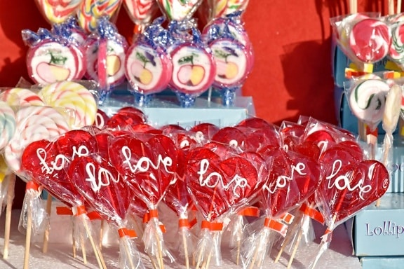 candy, gifts, hearts, homemade, love, merchandise, red, shop, sticks, confectionery