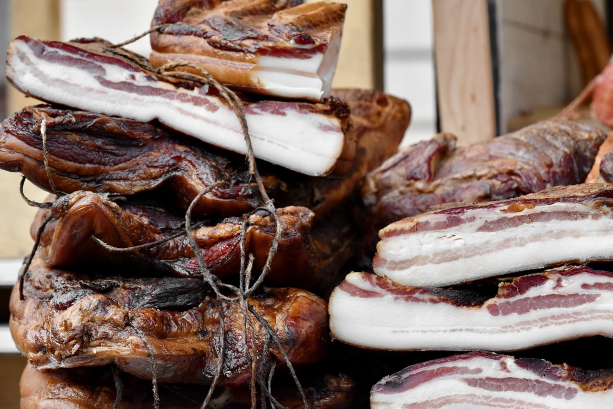 Bacon, taux de cholestérol, délicieux, matières grasses, à la main, viande, corde, traditionnel, porc, repas