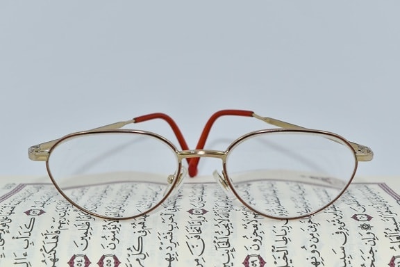 arabic, eyeglasses, Islam, text, upper surface, lens, eyewear, optometry, retro, paper
