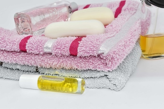 Aromaterapi, flasker, bomuld, lotion, olie, håndklæde, Wellness, bad, hygiejne, badeværelse