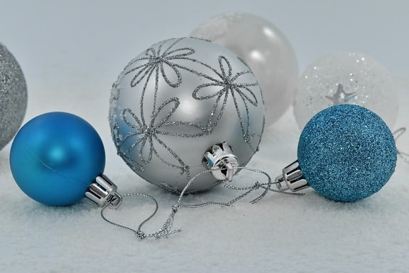 blue, object, ornament, snowflakes, still life, white, sphere, snow, christmas, winter