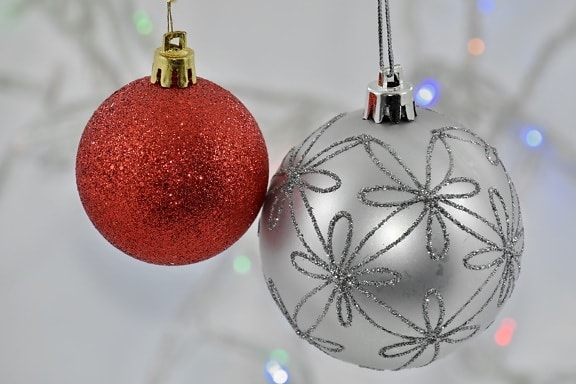 christianity, christmas, decoration, hanging, ornament, red, silver, sphere, shining, winter