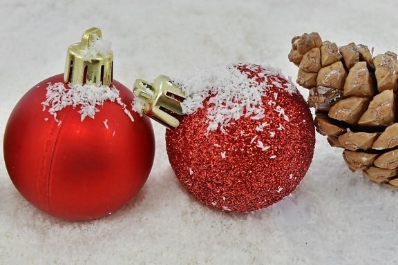 close, focus, ornament, red, snowflakes, spark, sphere, christmas, ball, winter