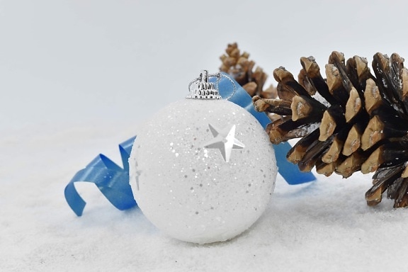 blue, christmas, ornament, ribbon, shining, white, snow, winter, celebration, frost