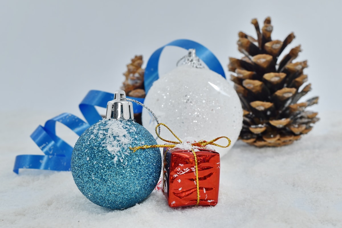 dekorace, dary, ornament, koule, svátek, oslava, zimní, vánoční, svítí, sníh