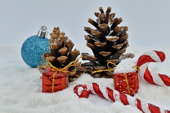 candy, conifers, gifts, snowflakes, cone, winter, tree, christmas, celebration, snow
