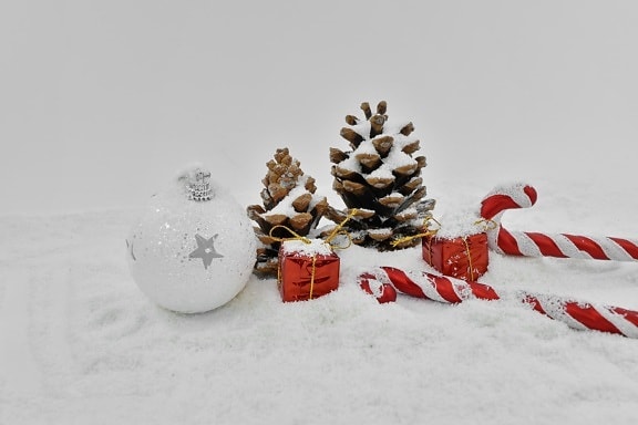 Natal, decoração, elegante, presentes, em miniatura, minimalismo, esfera, branco, neve, floco de neve