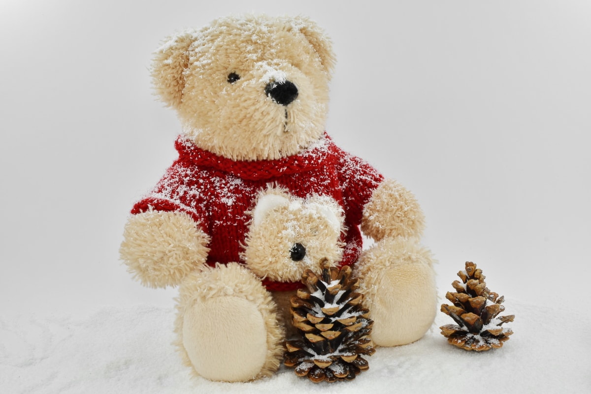 conifers, decoration, snow, snowflakes, teddy bear toy, toy, soft, cute, gift, winter
