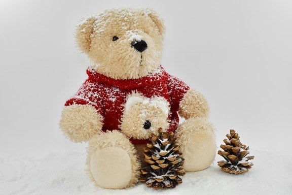 coníferas, decoración, nieve, copos de nieve, osito de peluche, juguete, suave, lindo, regalo, invierno