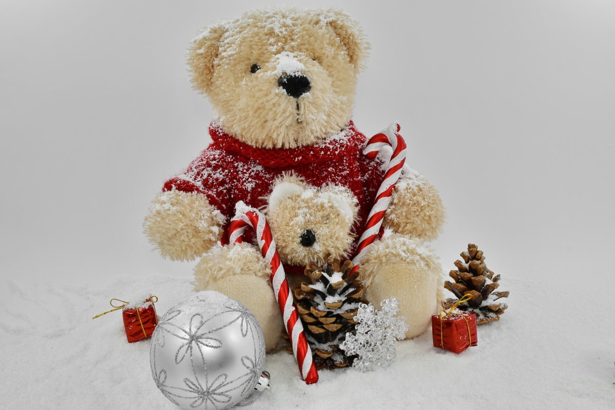 크리스마스, 선물, 장식, 테디 베어 장난감, 눈, 겨울, 장난감, 귀여운, 축 하, 감기