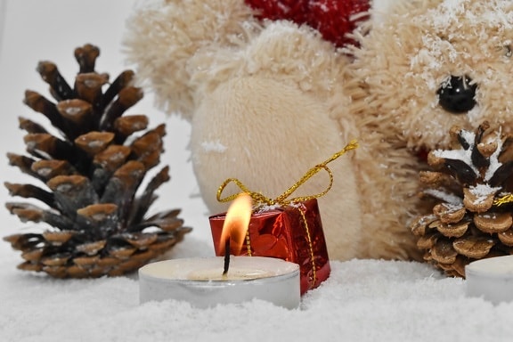 candlelight, candles, christian, christianity, christmas, decoration, religious, teddy bear toy, snow, winter