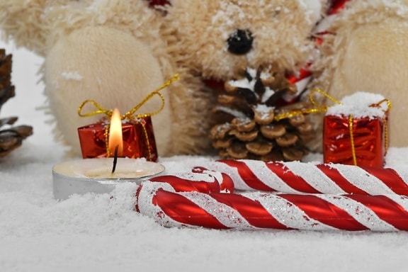 kaars, kaarslicht, Christendom, Kerst, decoratie, orthodoxe, teddybeer speelgoed, speelgoed, Winter, sneeuw
