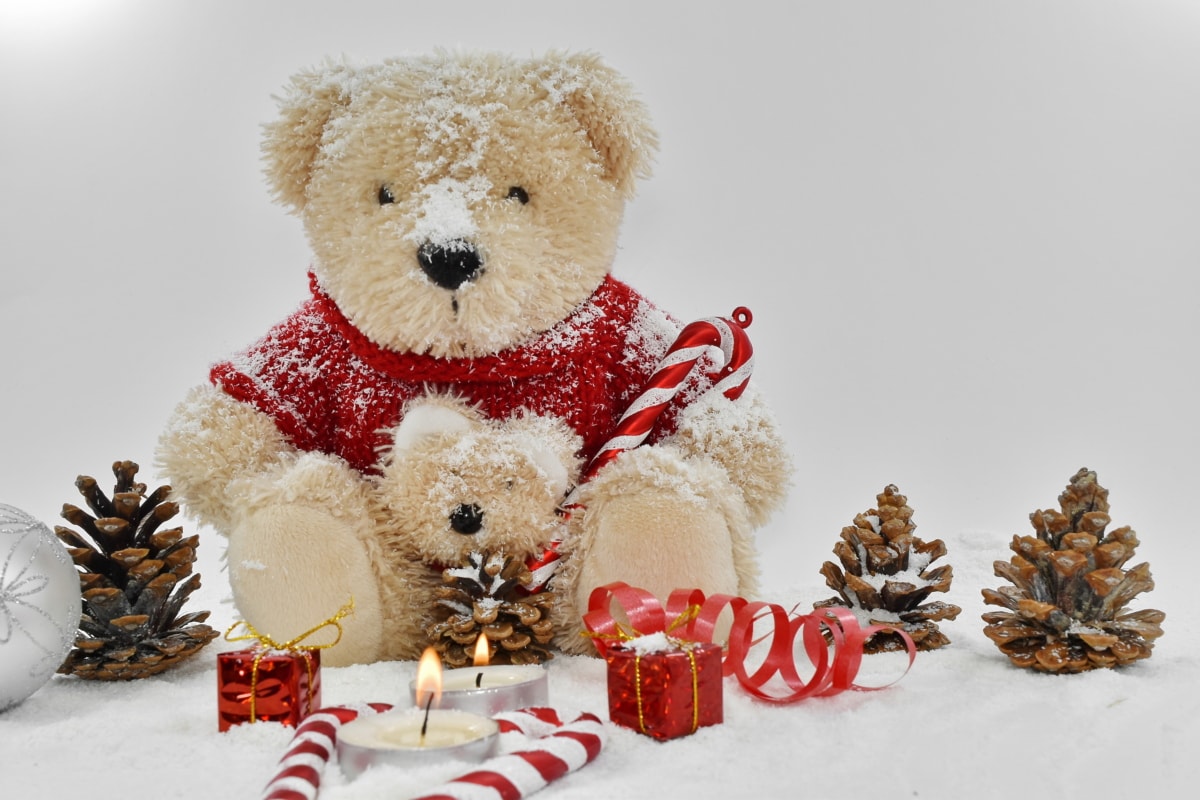 蜡烛, 装饰, 优雅, 礼物, 玩具, 雪, 可爱, 圣诞节, 泰迪熊玩具, 礼物