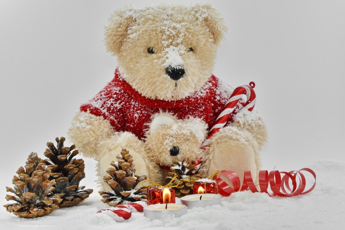 krásny, sviečky, dekorácie, láska, romantické, sneh, hračka medvedíka, hračka, Vianoce, zimné