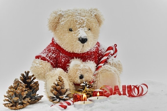 velas, Navidad, coníferas, decoración, escarcha, cinta, romántica, nieve, copos de nieve, osito de peluche