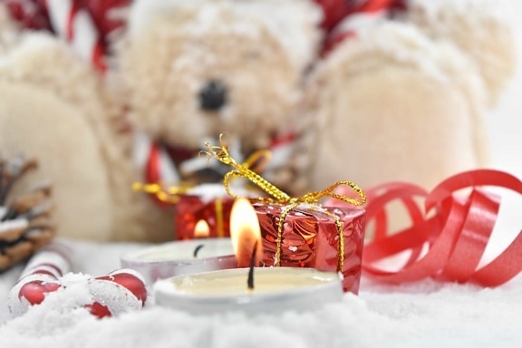 background, blurry, candlelight, candles, focus, gifts, ribbon, teddy bear toy, christmas, traditional