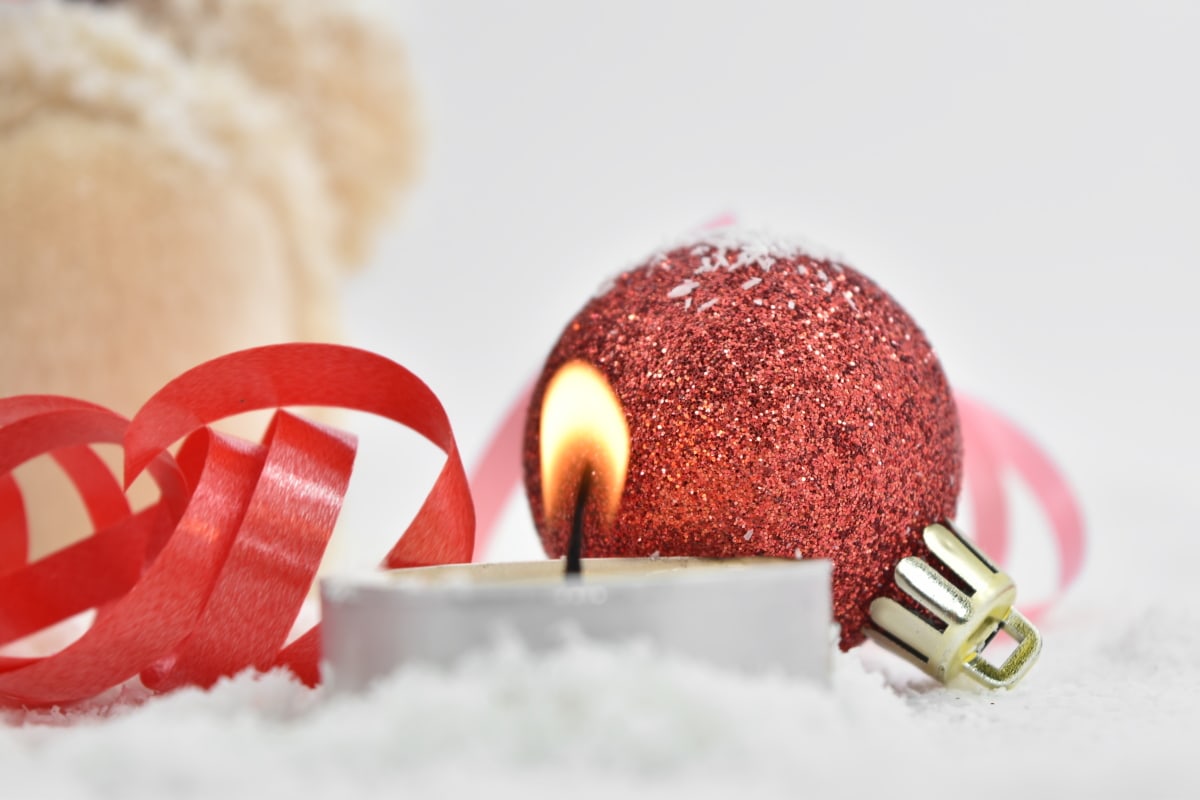 stearinlys, stearinlys, fest, jul, ferie, rød, bånd, sne, snefnug, dekoration
