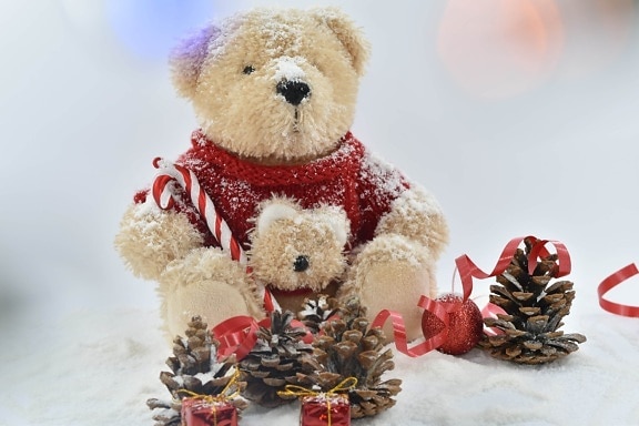 bakgrundsbelyst, färgglada, kon, barrträd, gåvor, plysch, nallebjörn leksak, traditionella, Söt, snö