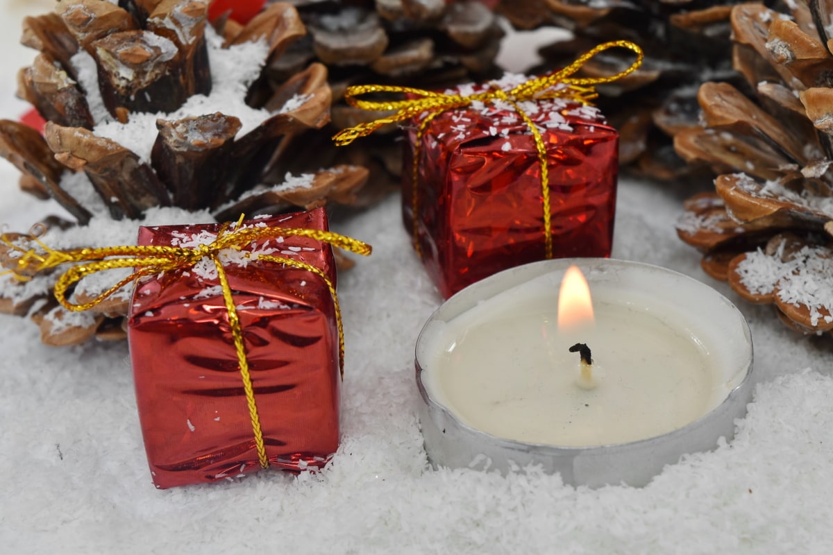 coniferen, geschenken, miniatuur, sneeuwvlokken, kaars, Winter, Kerst, sneeuw, snoep, traditionele