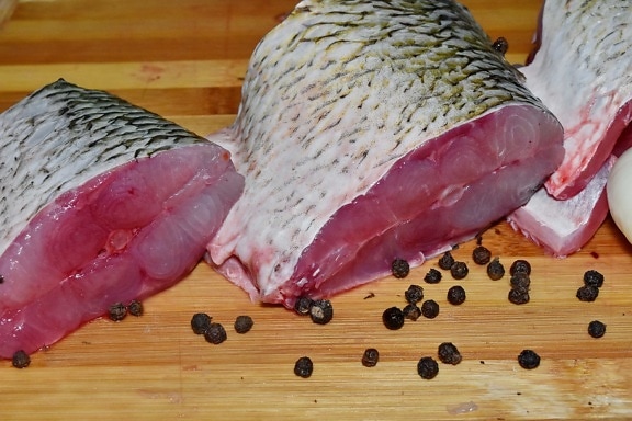 dietary, fillet, fish, fresh, freshwater fish, pepper, raw meat, food, meat, wood
