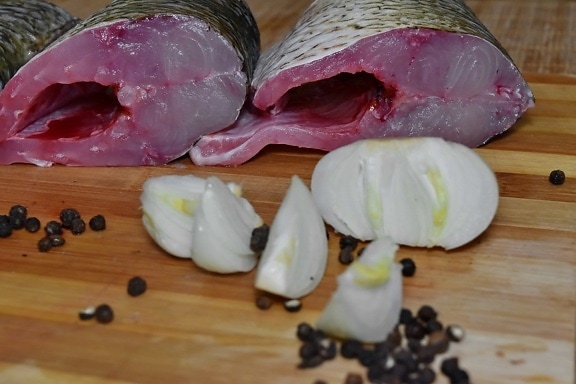 mackerel, onion, pepper, preparation, raw meat, spice, vegetable, food, wood, health