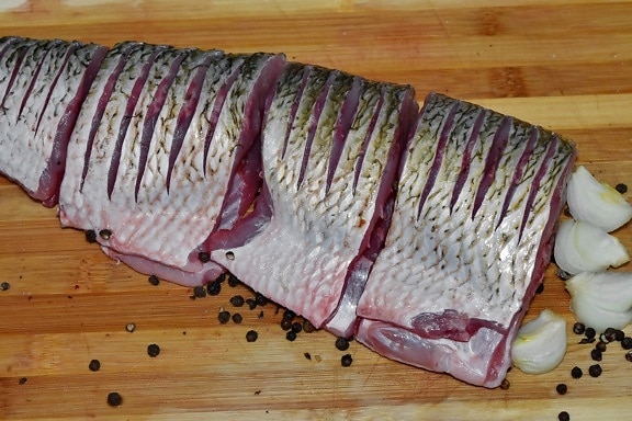 fillet, fish, freshwater fish, preparation, raw meat, food, meat, wood, board, wooden