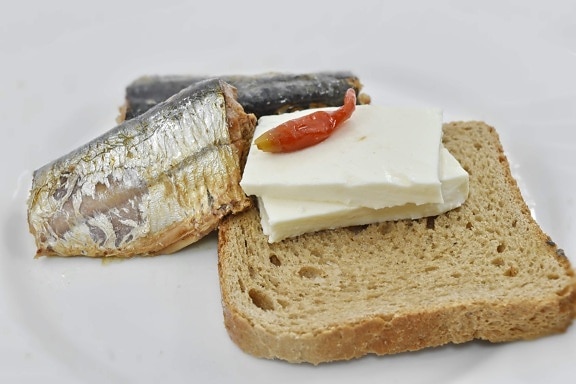 bread, breakfast, cheese, meat, organic, pepperoni, sardines, meal, food, snack