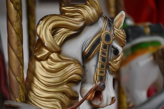 antiken, karusell, färgglada, gyllene glöd, häst, rost, leksak, staty, rida, mekanism