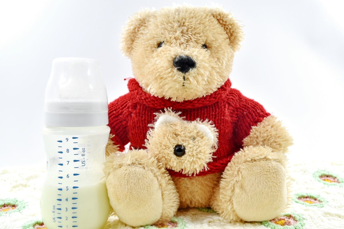 baby, blanket, bottle, knitwear, milk, teddy bear toy, wool, gift, toy, cute
