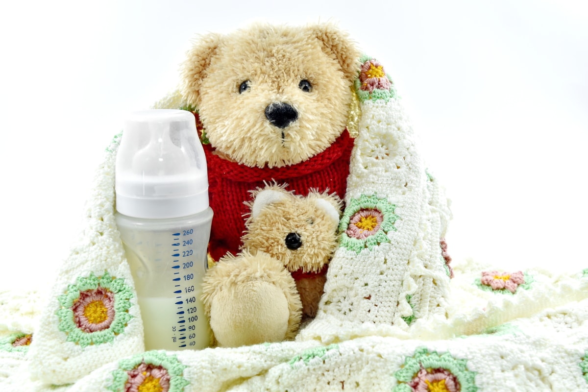 bébé, couverture, bouteille, fait main, lait, mous, ours en peluche, jouet, mignon, soins