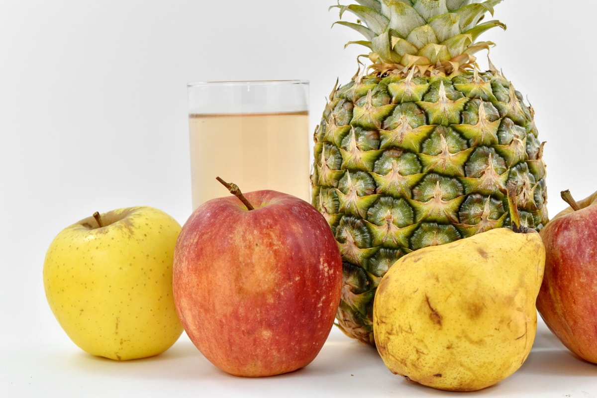 äpplen, kosttillskott, dricksvatten, exotiska, fruktjuice, päron, ananas, tropisk, producera, mat